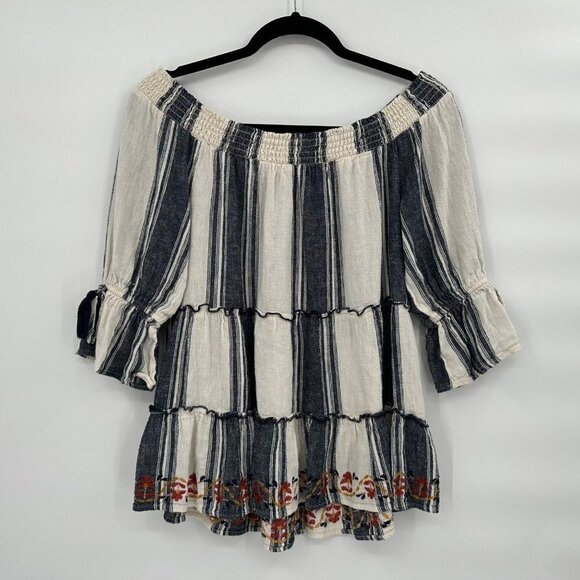Knox Rose Linen Blend Off Shoulder Tiered Floral Embroidered Striped Top Size M - Picture 3 of 7